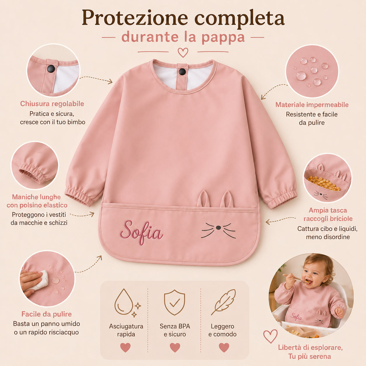 Filo&Poesia™ Bavaglino impermeabile con maniche lunghe e nome ricamato