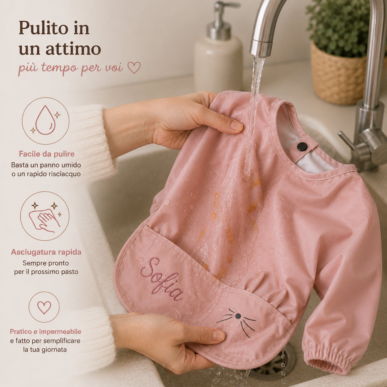 Filo&Poesia™ Bavaglino impermeabile con maniche lunghe e nome ricamato