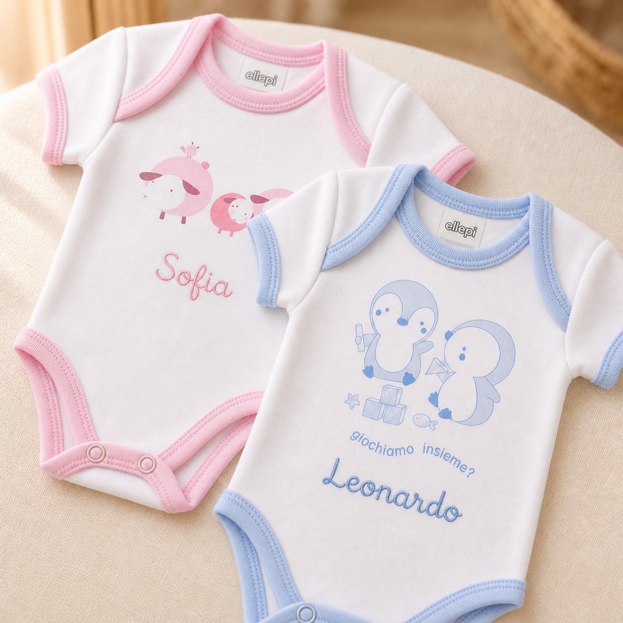 Set 2 body neonato Ellepi in cotone caldo con nome ricamato