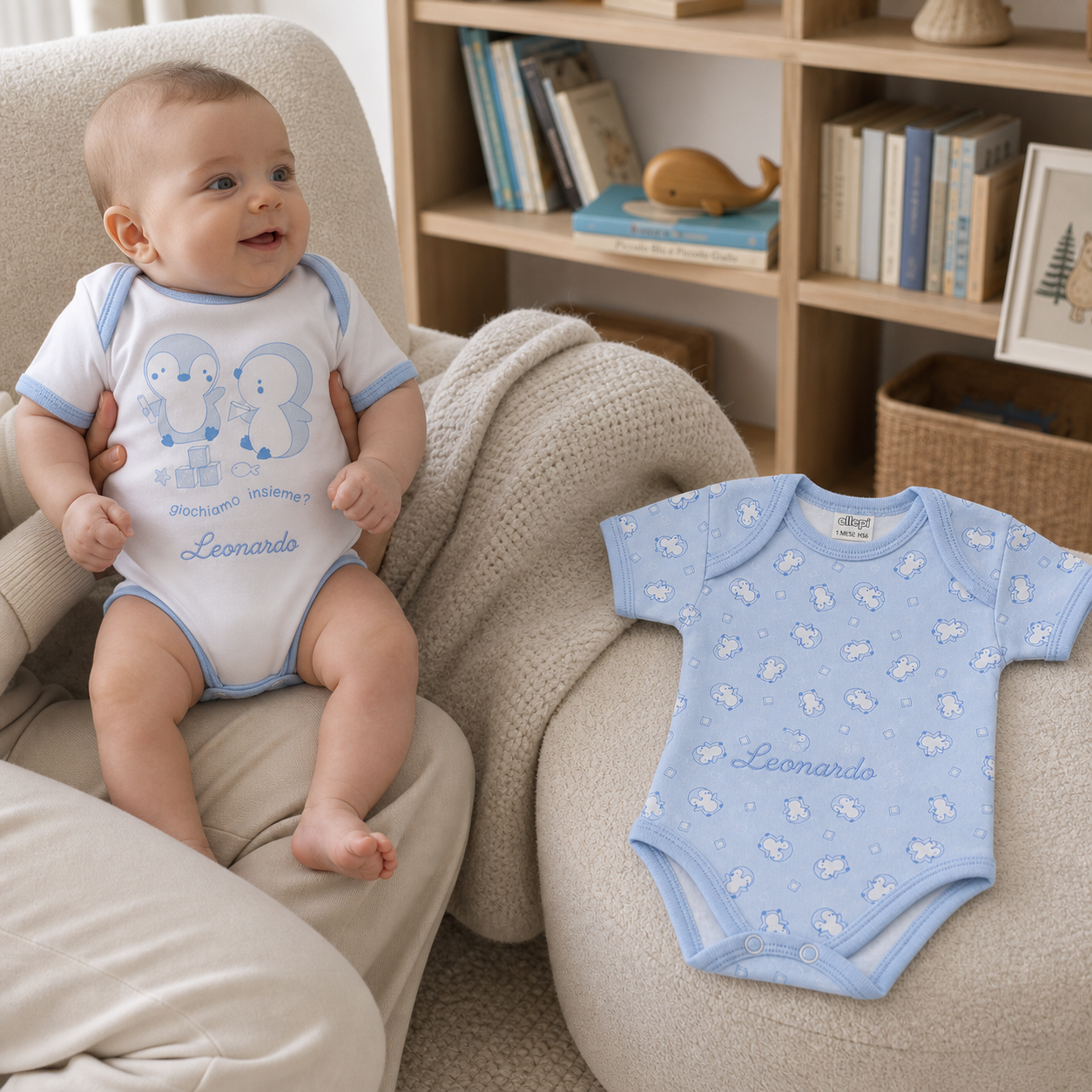 Set 2 body neonato Ellepi in cotone caldo con nome ricamato